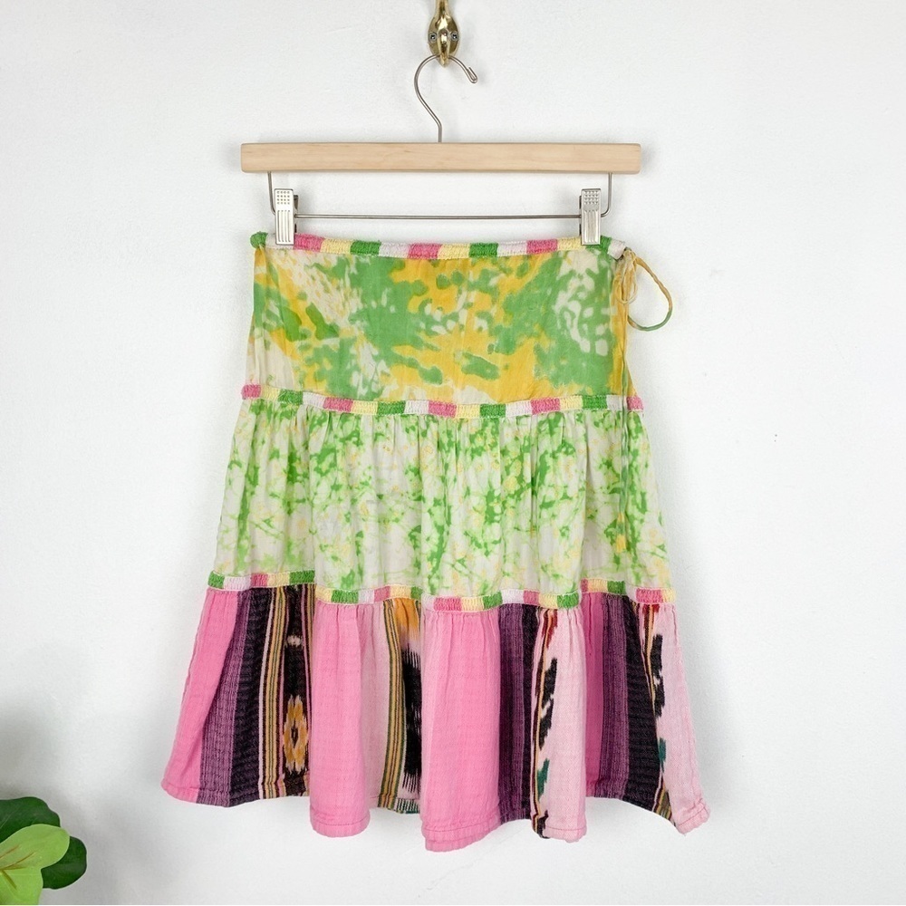 Aoyama Itchome Mixed Print Silk Western Boho Mini Skirt Sz 26” - Picture 1 of 9